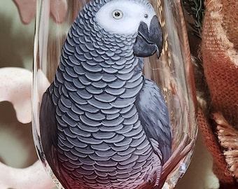 African grey parrot wine glass, hand painted