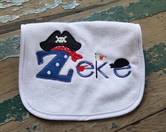 Baby Bib , Baby Gift , Embroidered Baby Bib , Personalized Baby Bib , Pirate Applique and Font , Pirate Baby Bib