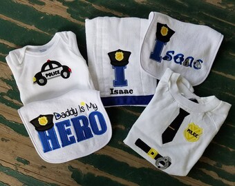 Baby Gift Set , Personalized Police Font , Patrol Car , My Daddy is My Hero , Police Uniform , Bib , Onesie , Burp Cloth