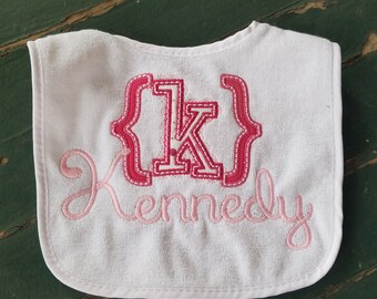 Baby Gift Set , Baby Shower Gift , Bib , Twirl Initial and Embroidered Name , Personalized Gift , Personalized Baby Bib