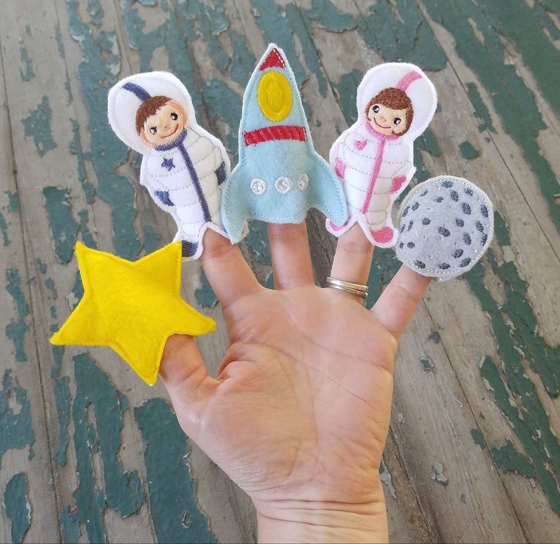 Optional Earth Shaped Case Solar System Finger Puppet Play Set Sold Individually or as a Set Astronauts Rocket Planet Play Set