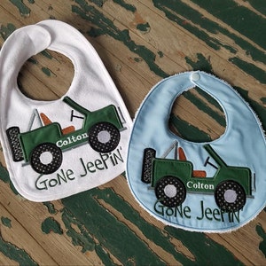 Baby Bib , Baby Gift , Embroidered Baby Bib , Gone Jeepin&#39; . Applique Jeep , Jeep Baby Bib Gift