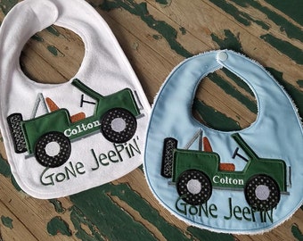 Baby Bib , Baby Gift , Embroidered Baby Bib , Gone Jeepin' . Applique Jeep , Jeep Baby Bib Gift