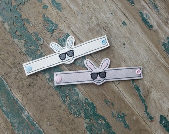 Embroidered Bunny Bracelet , Vinyl Bracelet , 7" Snap Bracelet , Child's Bracelet , Fun Gift , Easter Basket Gift , Easter Bunny Sunglasses