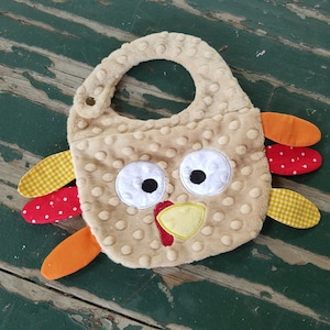 Baby Bib , Baby Gift , Thanksgiving , Turkey Day , Turkey Bib , Minky Bib , Embroidered Turkey Face Bib bild 1
