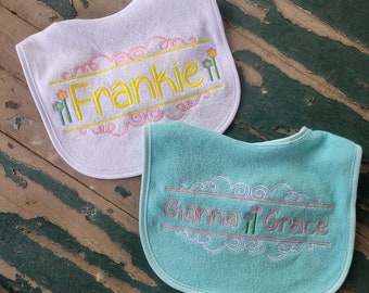 Baby Bib , Baby Gift , Personalized Bib , Embroidered Bib , Name in Elisa Font , Swirls and Flower Frame , Baby Shower Gift