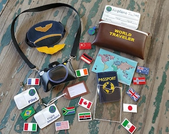 Vinyl Travel Set , Dress Up , Pretend Play , Vinyl and Felt World Traveler Pretend Play Set