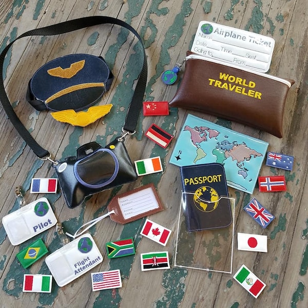 Vinyl Travel Set , Dress Up , Pretend Play , Vinyl and Felt World Traveler Pretend Play Set