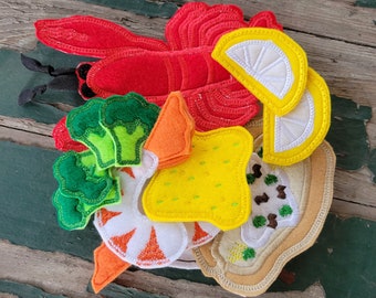 Play Food , Felt Food , Lobster and Shrimp Play Set , Lobster , Shrimp , Potato , Broccoli , Lemon , Butter , Sold in Pieces or as a Set