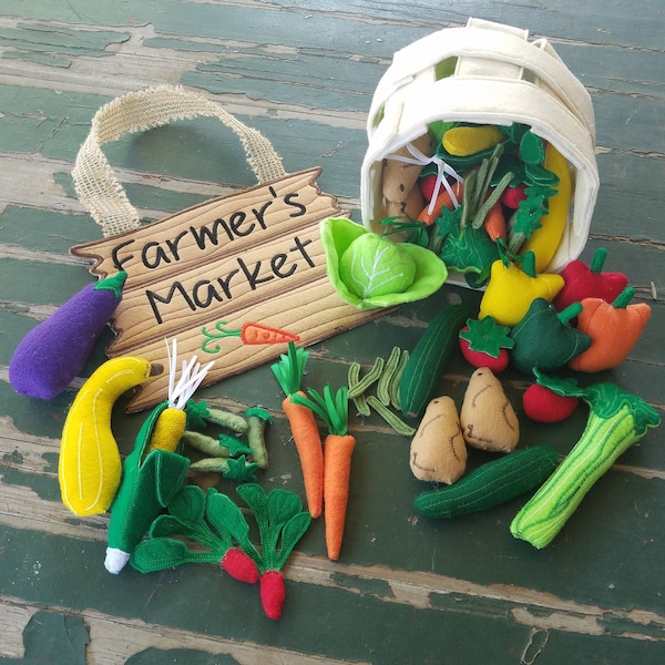 Play Food , Felt Food , Farmer's Market Play Set , Farmer's Market Veggies , Basket , Market Sign , Sold Individually or as a Set