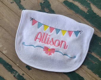 Baby Bib , Baby Gift , Personalized Bib , Embroidered Bib , Script Name in Madeline Font , Bow and Pennant Frame , Baby Shower Gift