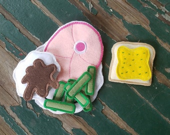 Play Food , Felt Food , Ham Dinner Play Set , Ham , Mashed Potatoes , Gravy , Green Beans , Bread and Butter , Sold in Pieces or as a  Set