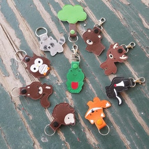 Key Fob , Key Chain , Snap Tab , Embroidered Vinyl Woodland Animal Key Fob  , Key Fob with Choice of Ring, Sold Individually