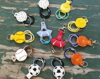 Key Fob , Embroidered Sports Hairband Key Chain , Soccer, Tennis, Volleyball, Cheer, Basketball, Baseball, Softball, Fob w/Choice of Ring