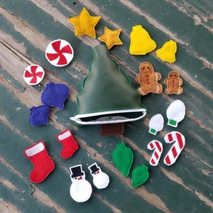 Christmas Tree and Ornaments Feltie Set , Ornament Felties in Two Sizes , Tree Zipper Case , Felt Play Set , Optional Case , Sold as a Set