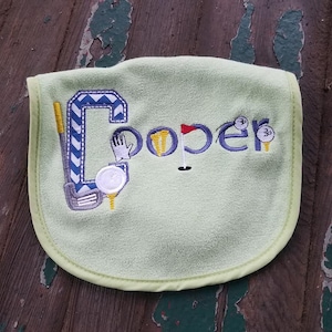 Baby Bib , Baby Gift , Embroidered Baby Bib , Personalized Baby Bib , Golf Applique and Font , Golf Baby Bib