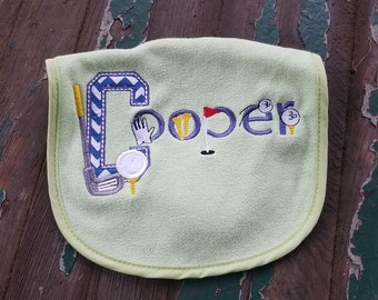 Baby Bib , Baby Gift , Embroidered Baby Bib , Personalized Baby Bib , Golf Applique and Font , Golf Baby Bib