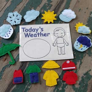 May include: Felt weather board with a variety of weather icons, including a sun, clouds, rain, snow, and lightning. The board also includes a blank space for a child to draw their own weather icon. There are also felt clothing items for different weather conditions, including a raincoat, a hat, and a pair of shorts.