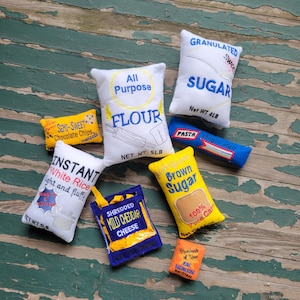 Play Food , Felt Food , Kitchen Pantry Staples Set , Flour , Sugars , Choc Chip , Baking Soda , Rice, Pasta , Shredded Cheese , Pretend Play