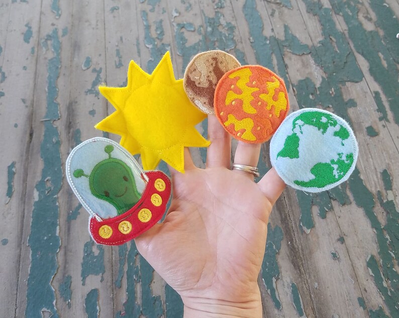 Optional Earth Shaped Case Solar System Finger Puppet Play Set Sold Individually or as a Set Astronauts Rocket Planet Play Set