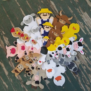 Farm Animals , Felt Puppets , Farm Animal Play Set - Adult, Kid, AND Finger Puppet Sizes - Sold Individually or as a Set
