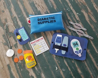 Vinyl Diabetes Testing Bag and Kit , Dress Up , Pretend Play , Vinyl Diabetic Play Set , Educational Learning Tool