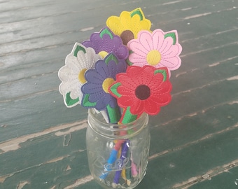 Pencil Topper , Embroidered Flower , Daisy Topper , Marine Vinyl Flower Pencil Topper , Non Candy Gift , Treat Bag Gift