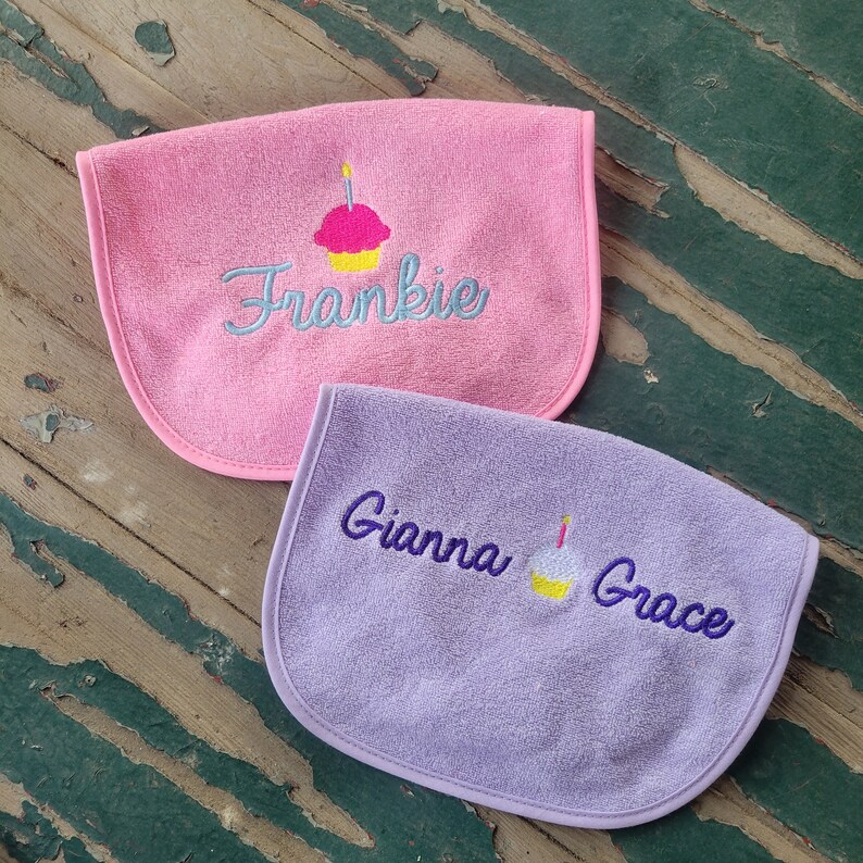 Baby Bib , Baby Gift , Personalized Bib , Embroidered Bib , Name in Celeste Font , Birthday Cupcake , Baby Shower Gift , Birthday Gift image 1