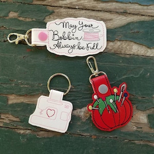 Key Fob , Key Chain , Snap Tab , Embroidered Vinyl Seamstress Fob , Pin Cushion, Sewing Machine , Bobbin Key Fob , Key Fob w/Choice of Ring
