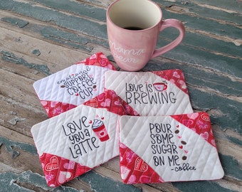 Tapis de tasse matelassé en coton brodé, I Love Coffee Set, Love is Brewing, Love You a Latte, Tasse de soutien émotionnel, Versez du sucre