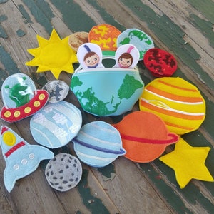 Solar System Finger Puppet Play Set , Optional Earth Shaped Case , Planet Play Set , Rocket , Astronauts , Sold Individually or as a Set