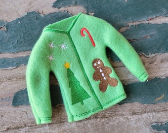 Embroidered Fleece Christmas Doll Sweater: Ugly Holiday Elf Outfit