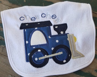 Baby Bib , Baby Gift , Baby Shower Gift , Chew Chew , Embroidered Train Car , Baby's Embroidered Bib