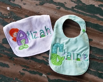 Baby Bib , Baby Gift , Mermaid Bib , Applique Mermaid Initial and Font , Personalized Mermaid Bib , Personalized Bib