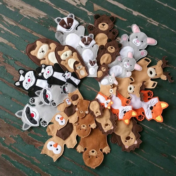 Woodland Animals Felt Puppet Set , Woodland Play Set - Adult, Kid, AND Finger Puppet Sizes - Sold Individually or as a Set