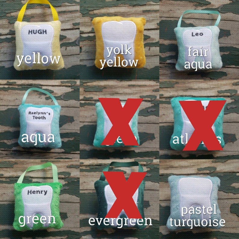 May include: Nine tooth-shaped plush pillows in various colours, including yellow, aqua, green, and turquoise. Each pillow has a different name embroidered on it, such as "Hugh", "Leo", "Raelynn's Tooth", and "Henry".