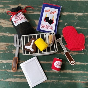 Play Food , Felt Food , Barbecue Play Set , Grill , Steak , Potatoes , Foil , Corn , Grill Utensils , Soda , Sold Individually or as a Set