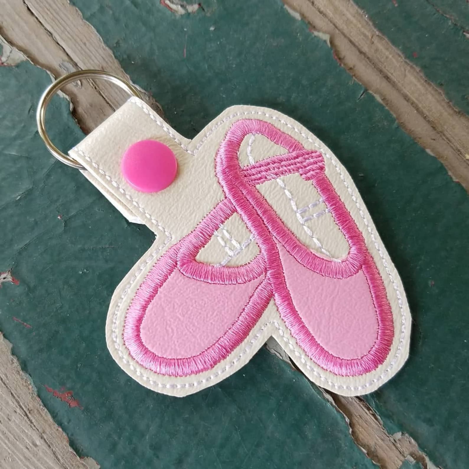 key fob , key chain , snap tab , embroidered vinyl ballet shoe , ballet key fob , ballet slipper key ring , key fob w/choice of