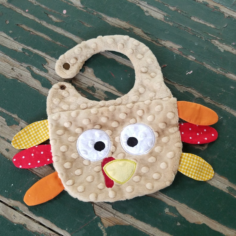 Baby Bib , Baby Gift , Thanksgiving , Turkey Day , Turkey Bib , Minky Bib , Embroidered Turkey Face Bib bild 2