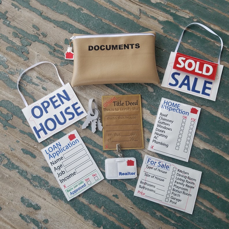 May include: A set of play pretend real estate signs for kids. The signs include "Open House", "Sold", "For Sale", "Home Inspection", "Loan Application", "Title Deed", and "Realtor".