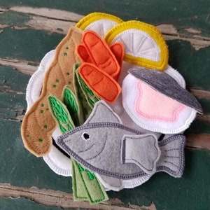 Play Food , Felt Food , Fish and Clam Dinner Play Set , Lemon , Baby Carrots , Asparagus , Breadstick , Sold Individually or as a Set