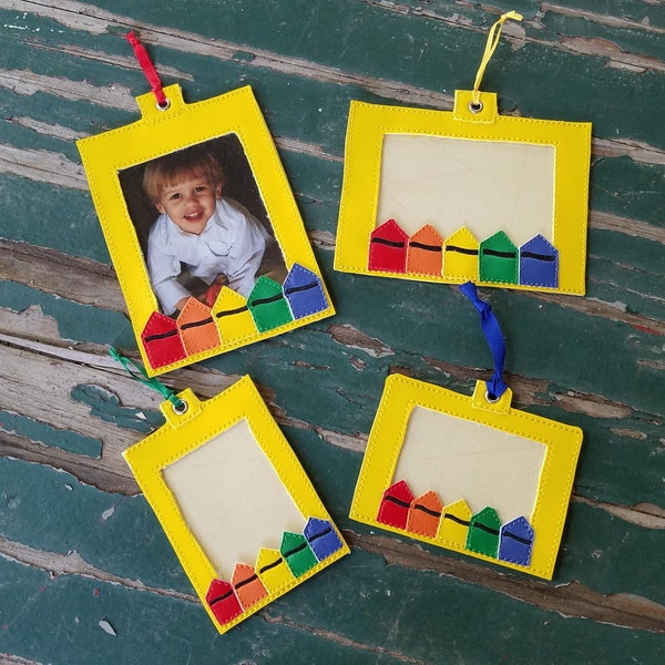 Ornament , Embroidered Vinyl School Crayon Ornament , Photo Frame Ornament, Vinyl Christmas Ornament , Christmas Decoration