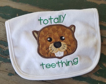 Baby Bib , Baby Gift , Baby Shower Gift , Totally Teething , Embroidered Beaver , Baby's Embroidered Bib