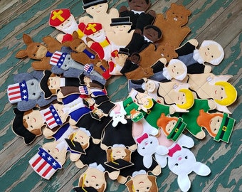 A Year of Holiday Characters , Felt Puppets , Holiday Play Set - Adult, Kid, AND Finger Puppet Sizes , Sold Individually or as a Set