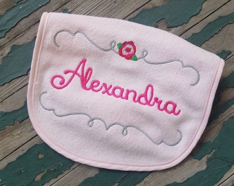 Baby Bib , Baby Gift , Embroidered Personalized Bib , Baby's Embroidered Bib , Baby Bib with Name and Rose Brackets