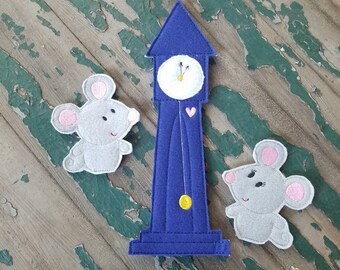 Hickory Dickory Dock Finger Puppets , Mice and Clock Felt Play Set , Sold as a Set