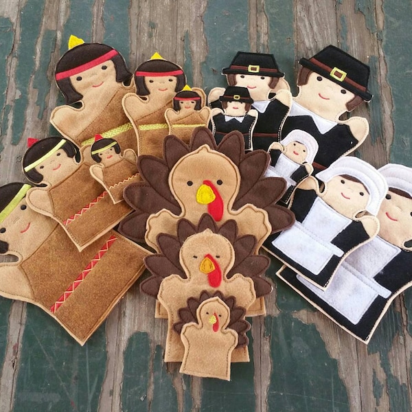 Thanksgiving , Felt Puppets , Thanksgiving Puppet Play Set - Adult, Kid, AND Finger Puppet Sizes - Sold Individually or as a Set