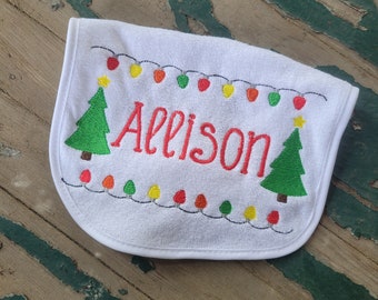 Baby Bib , Baby Gift , Personalized Bib , Embroidered Bib , Script Name in Noel Font , Holiday Bib , Holiday Lights Frame , Christmas Trees