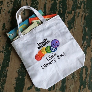 Book Worm Applique , Personalized Library Tote , Canvas Tote Bag