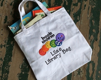 Book Worm Applique , Personalized Library Tote , Canvas Tote Bag